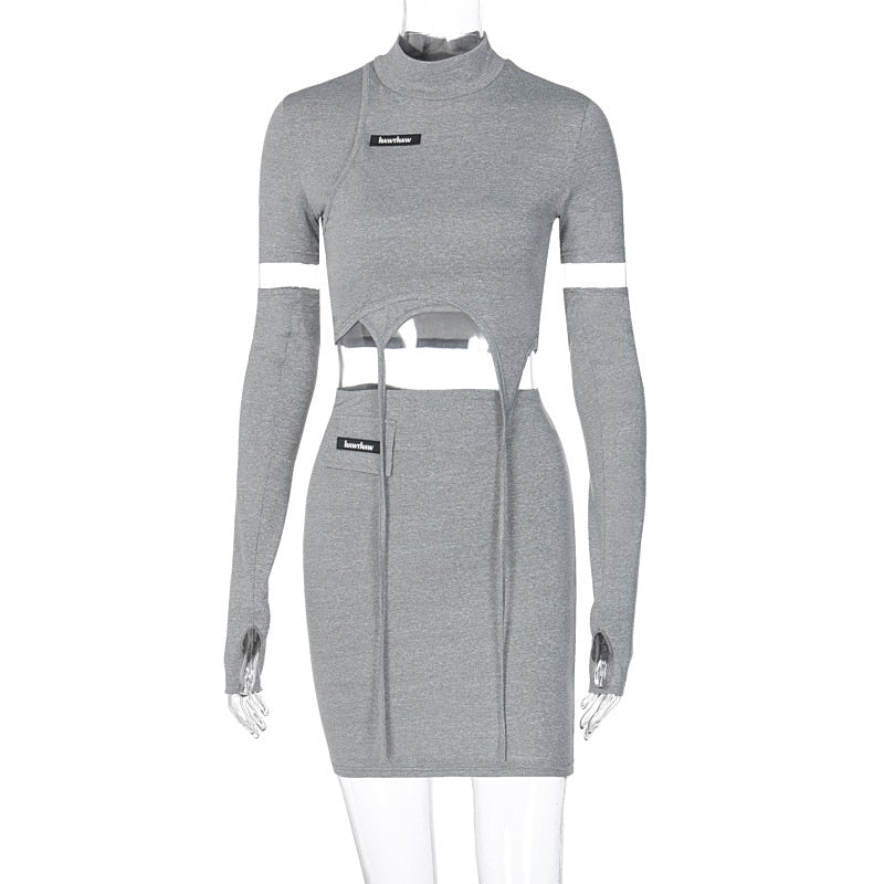 Sexy Two Piece Set Mini Skirt and Crop Tops with Gloves